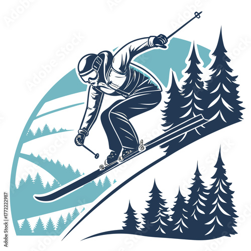 Dynamic illustration of a lone skier in mid air carving down a snowy mountain slope amidst a stylized forest of pine trees and rolling hills capturing the thrill of winter sports and outdoor adventure