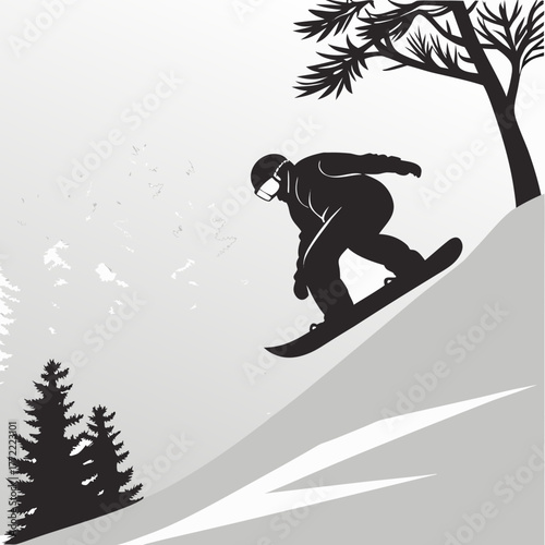 Dynamic silhouette of a snowboarder carving down a snowy slope amidst pine trees and a stark winter landscape in a graphic style