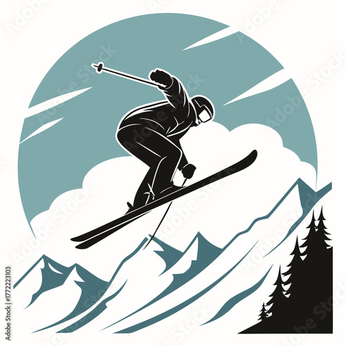 Dynamic silhouette of a skier performing an aerial jump against a stylized mountain landscape and cloudy sky conveying action and winter sports adventure