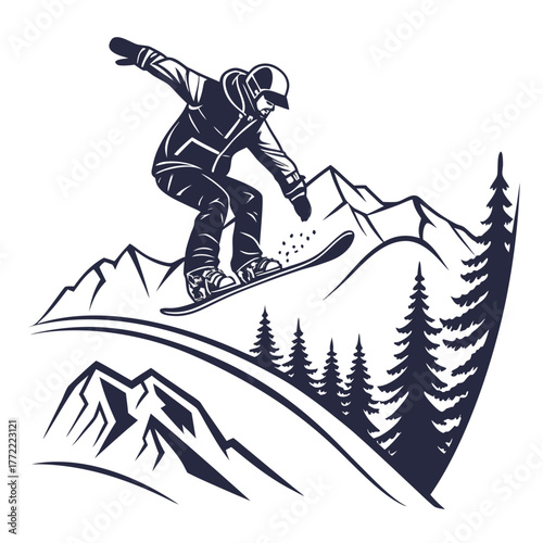 Dynamic silhouette of a snowboarder performing a jump amidst majestic snow capped mountains and evergreen trees against a white background