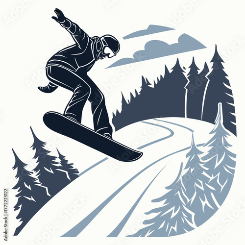 Dynamic silhouette of a snowboarder performing a jump mid air against a backdrop of snowy pines and clouds