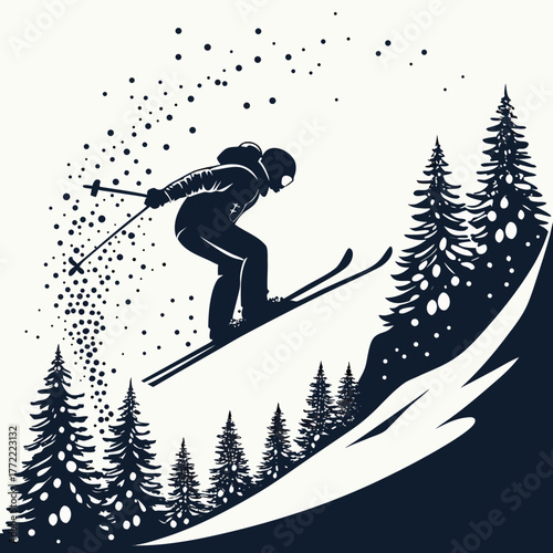 Dynamic silhouette of a skier in mid air against a snowy mountain landscape with pine trees and falling snowflakes
