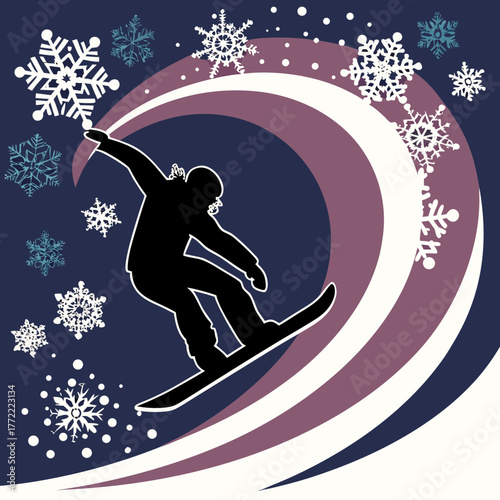 Dynamic silhouette of a snowboarder carving downhill amidst falling snowflakes and abstract swirls of color