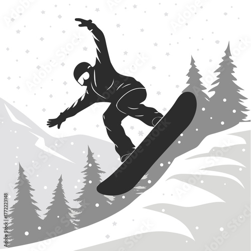 Dynamic silhouette of a snowboarder performing a trick mid air against a snowy mountain landscape with evergreen trees and falling snowflakes creating a winter sports scene