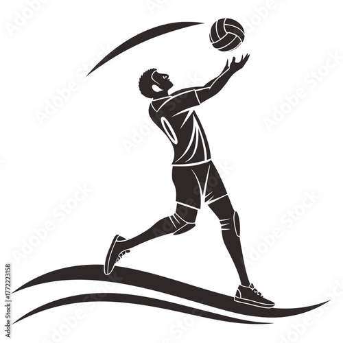 Dynamic silhouette of a volleyball player in action executing a powerful serve or spike with a stylized ball and motion lines against a white background