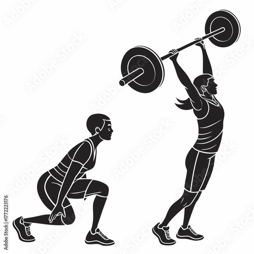 Dynamic silhouettes of two athletes performing weightlifting exercises one in a squat position and the other completing an overhead lift illustrating strength training and fitness
