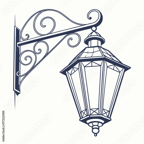 Elegant vintage wrought iron wall mounted lantern with ornate scrollwork bracket casting a classic silhouette against a clean white background perfect for historical decor and architectural design