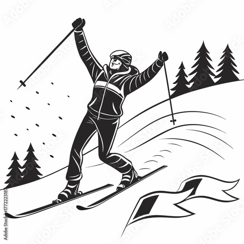 Excited skier with arms raised in triumph skiing down a snowy slope with pine trees and a banner graphic in a stylized black and white illustration