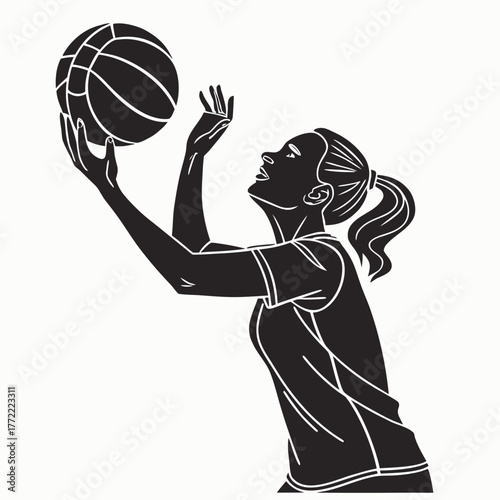 Silhouette of a determined female basketball player in action reaching up to catch or toss a basketball with focus and athleticism