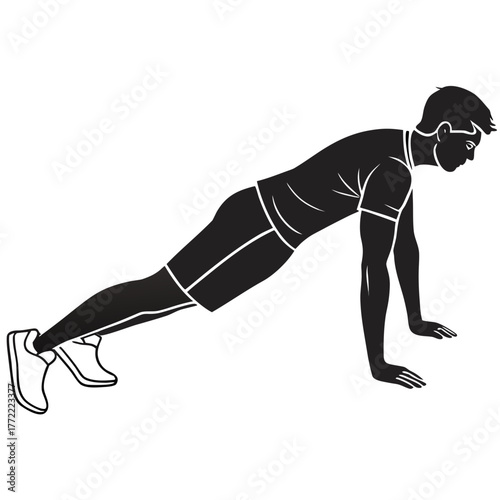 Silhouette of a man performing a push up exercise showcasing strength training and fitness in a clean graphic style on a white background