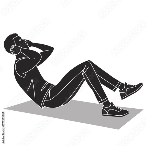 Silhouette of a man performing a sit up exercise on a mat focusing on core strength and abdominal workout for fitness and health