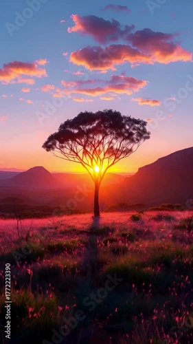 Vibrant sunset over African savanna landscape with lone acacia tree and pink wildflowers