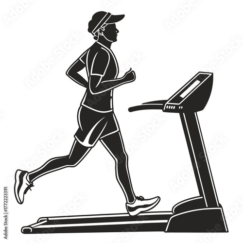Silhouette of a person wearing athletic clothing and a visor running on a treadmill in a gym for exercise and fitness
