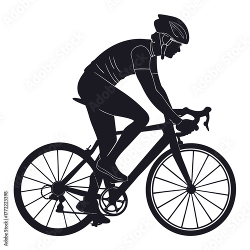 Silhouette of a professional cyclist wearing a helmet and cycling gear riding a road bicycle in a dynamic pose against a white background representing speed and athleticism