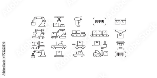 Print  Warehouse Robotics and Automation Line Icons — robotic arm, conveyor, barcode scan, drone delivery vector