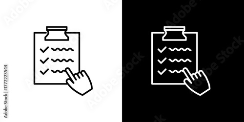 Simple line icon of a hand cursor pointing to a checklist on a clipboard, representing tasks, rules, or survey completion