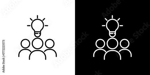 Black and white line art icon for brainstorming and teamwork. A group of people with a lightbulb representing a collective creative idea or solution