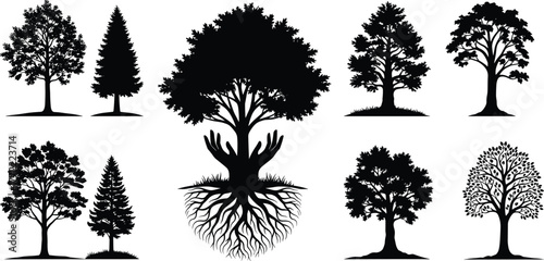 Tree silhouette collection, nature root design, abstract eco art, forest illustration, environment symbol, growth concept, natural background, organic woodland shapes