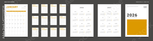 2026 Calendar Planner Set of Template Monthly Pages, Cover with Place for Photo, Company Logo, Annual 2026, 2027. Vector layout grid vertical of wall or desk organizer Week start Monday. Page A4 print