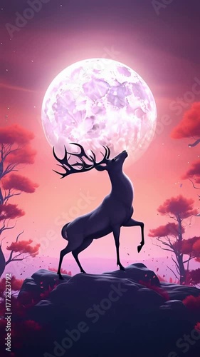 Deer Silhouette Against Full Moon Animated Loop Fantasy Landscape