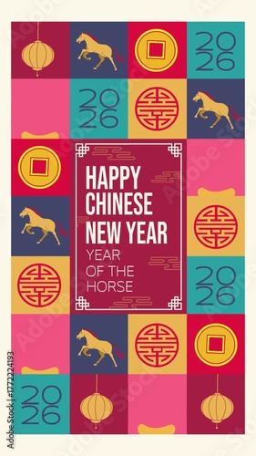 Vertical looping animation celebrating Chinese New Year 2026, Year of the Horse. Features colorful oriental patterns, lanterns, gold ingots, and zodiac horse symbols in modern festive style.
