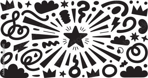  doodle art with starburst and various shapes
