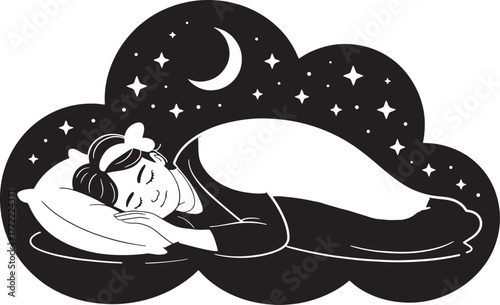 Woman sleeping peacefully on a cloud under the moon