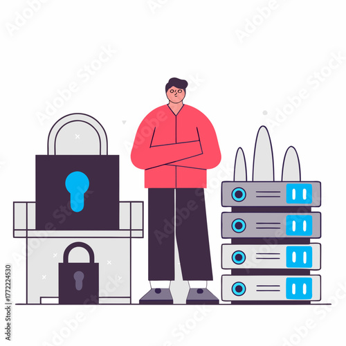 Man standing with security locks and data storage boxes in office  