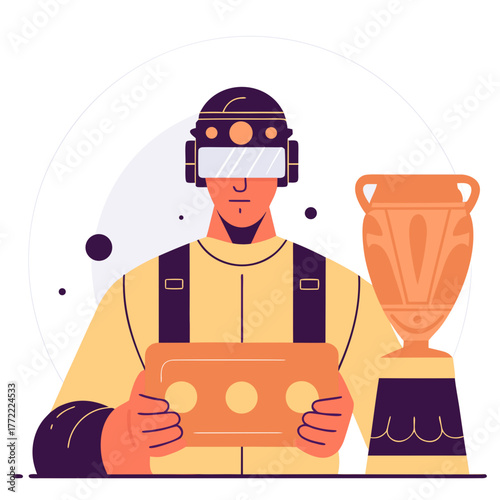 Esports gamer wearing VR headset holding game controller beside trophy  