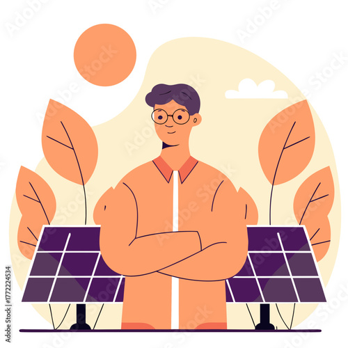 Young man standing confidently next to solar panels outdoors  