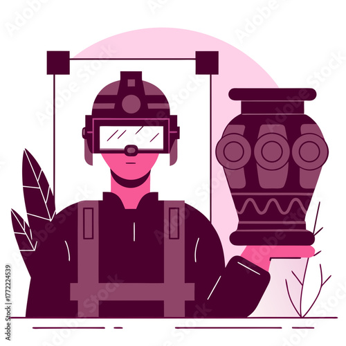 Archaeologist holding ancient vase in modern outfit with plants  