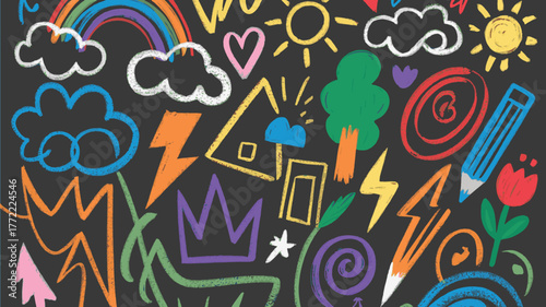 Colorful chalk drawings of various objects on a surface