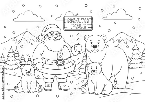 A festive Christmas coloring page featuring a line art illustration of Santa Claus with polar bears at the North Pole