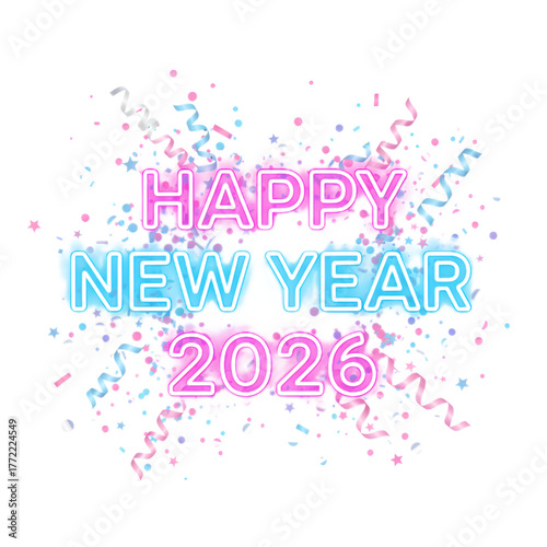 Happy New Year 2026 purple blue gradient 3D text PNG with transparent background image.
