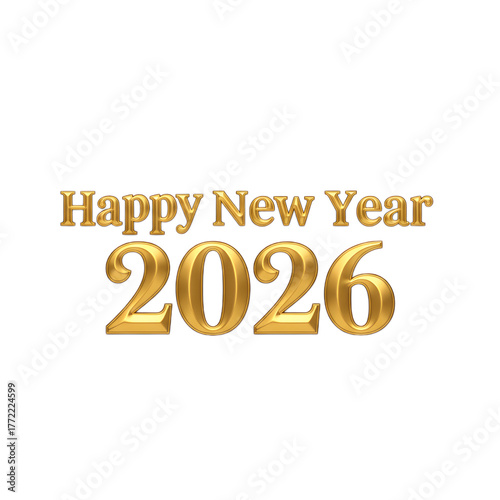 Happy New Year 2026 golden metallic 3D text PNG with transparent background image.
