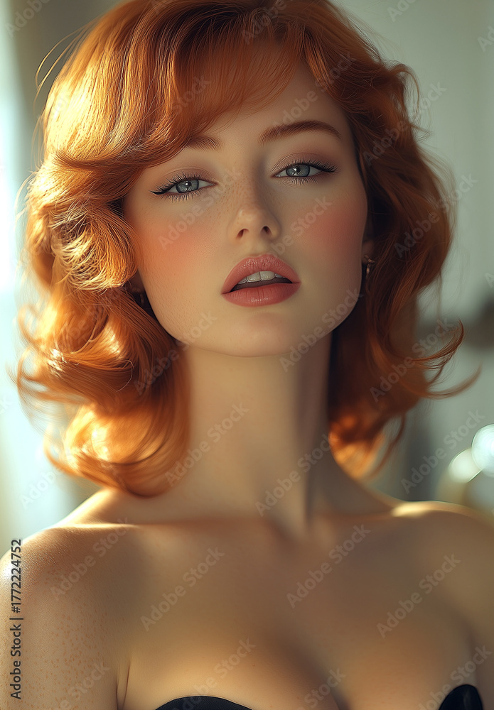 custom made wallpaper toronto digitalWoman with red hair and a red dress. She is wearing a black top and a black dress