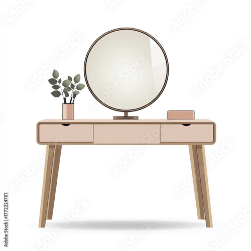 Elegant Vanity Table with Round Mirror and Decorative Accents.