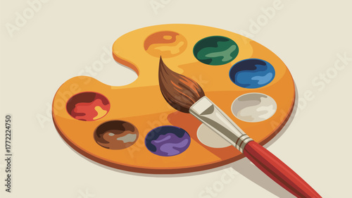 Illustration of a painters palette with paint and a brush on a beige background