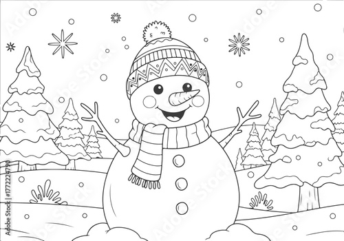 Christmas Snowman Coloring Page for Kids with Winter Forest and Snowflakes - Black and White Illustration for Fun Activity