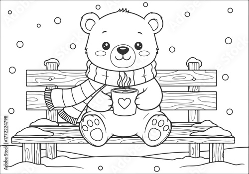 Cute Cartoon Bear Wearing Scarf and Holding Hot Drink on a Snowy Bench Coloring Page for Winter Fun, an Engaging Activity for Kids and Adults Alike