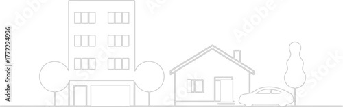 Apartment building, house, and car, representing life