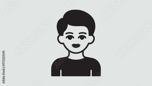 Illustration of a young man with short dark hair, wearing a black tshirt, and smiling slightly, the style is simple, clean, and graphic, resembling an icon or avatar