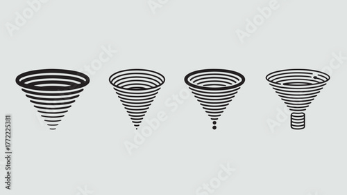 Four stylized funnel illustrations with varying line densities and shapes, each funnel is depicted with concentric lines, creating a sense of depth and form