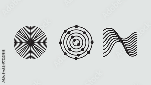 Three abstract black and white symbols, featuring concentric circles, a spiral with dots, and wavy lines, creating a minimalist and modern design
