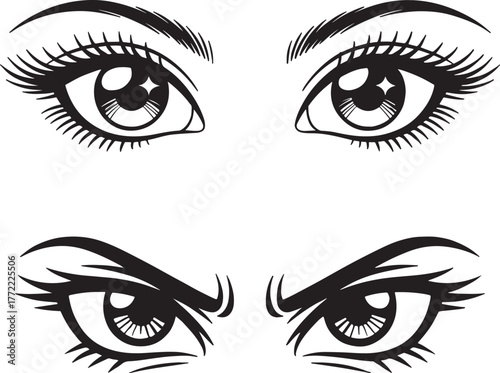 Expressive eye illustrations, featuring detailed eyelashes and eyebrows, conveying a range of emotions from happiness to anger in black and white