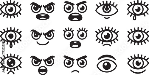 Collection of expressive cartoon eye illustrations, displaying various emotions and expressions through different eye shapes and facial features