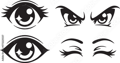 A striking compilation of expressive eyes, each uniquely designed to convey a range of emotions, from playful to fierce, these eyes capture the essence of human feeling and expression