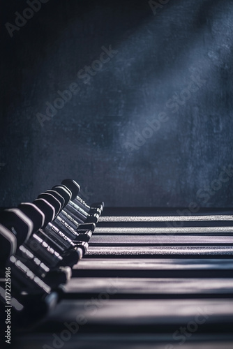Wallpaper Mural Row of dumbbells are lined up on a bench. The bench is dark and the dumbbells are black Torontodigital.ca
