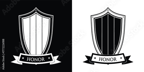 A stylized shield emblem with the word honor inscribed on a banner below, presented in both black and white versions, symbolizing protection and esteemed values