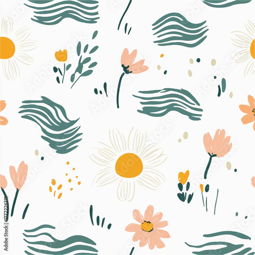 Floral pattern with daisies and abstract shapes on a white background.